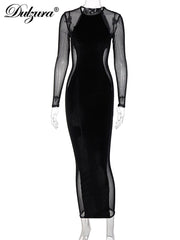 Dulzura Velvet Mesh Patchwork Women Long Sleeve Midi Dress Bodycon Sexy Streetwear See Through 2021 Autumn Winter Party Club
