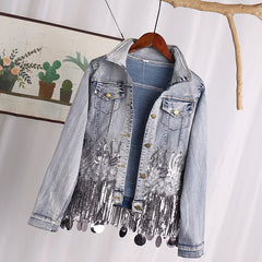 sequined beading tassel hem women jacket coat long sleeve fashion women top denim jacket autumn women coat chaqueta mujer