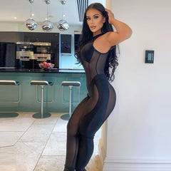 SSEURAT     Sexy Sheer Mesh Black Jumpsuit Sleeveless Bodycon Romper See Through Party Night Club Outfits