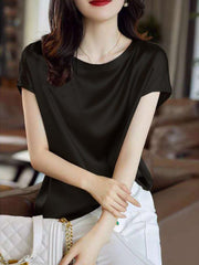 Silk Thin Short Sleeve Tees Elegant Black Brown Tops Solid Loose Casual
