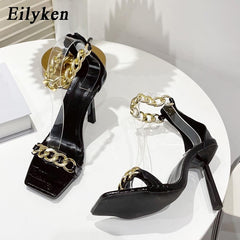 Eilyken New Women Sandals Summer Square Toe Thin High Heels Female Fashion Chain Designer Strap Party Dress Shoes Size 41 Green