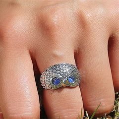 Cute Rhinestone Owl Ring Blue Eyes Simple Style Girl Woman Popular Ring Fashion Men Jewelry Gifts Adjustable