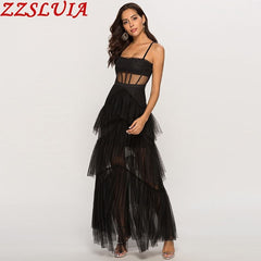 Formal Dresses For Women Perspective Mesh Yarn Slim Sling Trumpet Dress Sexy Layer Ruffles Design One Piece Ladies Female Cloth