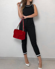 Contrast Binding Tie Waist Casual Jumpsuit