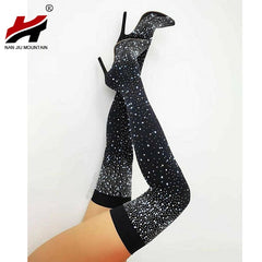 Women Boots Over The Knee Boots Fashion Rhinestone Pointed High Heel Outdoor Shoes