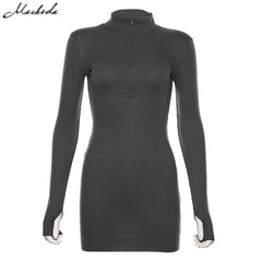 Macheda Autumn Winter Stretch Slim Soft Ribbed Knitted Turtleneck Dress Woman Fashion Solid Black Casual Bodycon Zip Dress
