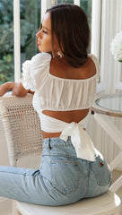Nadafair Blouse Women 2020 Summer Off Shoulder Tops Puff Sleeve Bow Tied Beach Short Sleeve Backless Sexy Crop Top Women White