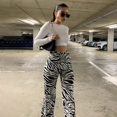 InstaHot Women&#39;s Flare Pant Animal Printed High Waist Autumn Streetwear Trousers 2020 Fashion Soft Female Striped Pantalones