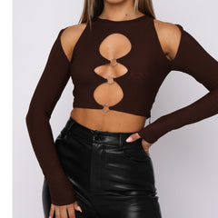wsevypo Women Cutout Crop Tops Solid Color T-shirt Sexy Long Sleeve Round Neck Hollow Out Tees with Rings Streetwear Pullovers