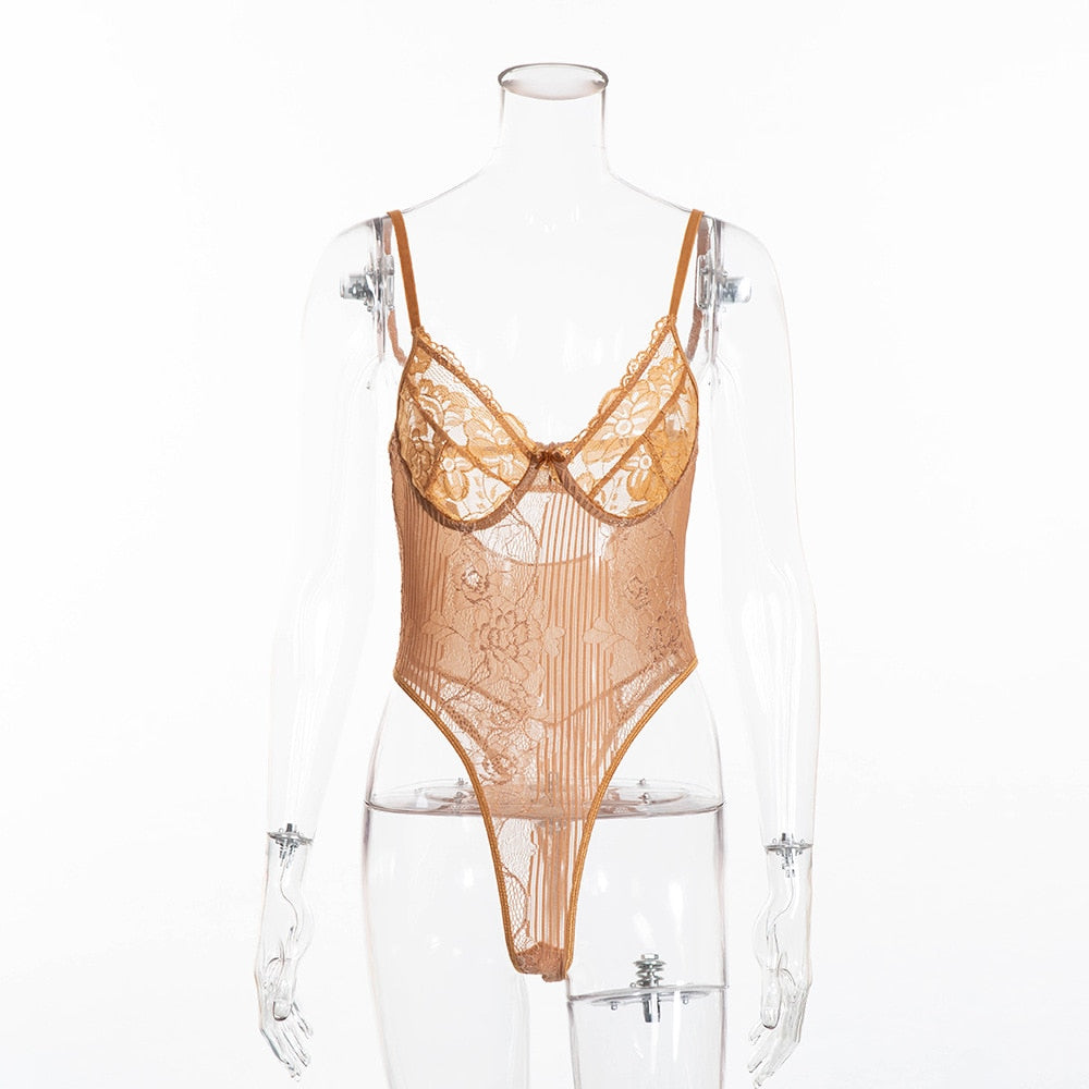 Yimunancy Floral Sheer Lace Bodysuit Women Backless Transparent Mesh Bodysuit Bow Sexy Bodysuit Ladies Cut Out Strap Jumpsuit