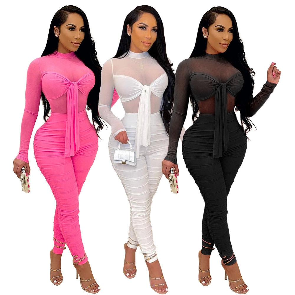 Sexy Mesh Sheer Bodycon Jumpsuit Women Long Sleeve Bow Tie Skinny Ruched Club Party Romper Elegant Overalls Combinaison Femme