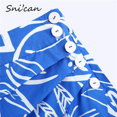 Blue Floral Asymmetrical Skirt Za 2021 Women High Waist Buttons Ruched Bodycon Mini Sexy Faldas Cortas Summer Jupe Femme Snican