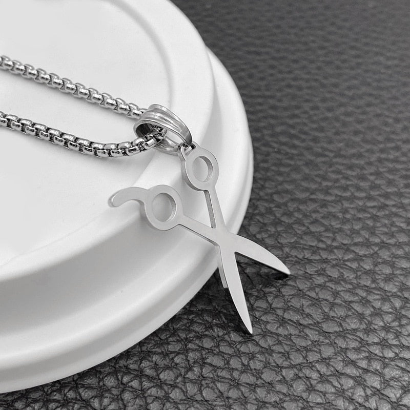 Stainless Steel Heart Scissors Haircut Barber Men's Necklace Pendant Chain