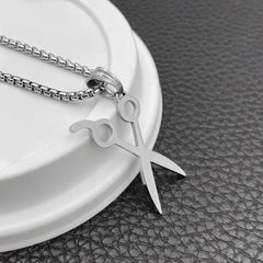 Stainless Steel Heart Scissors Haircut Barber Men's Necklace Pendant Chain