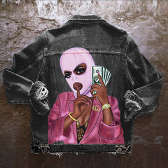 Women&#39;s retro street autumn and winter long-sleeved personalized printing foreign trade denim jacket women&#39;s single-breasted
