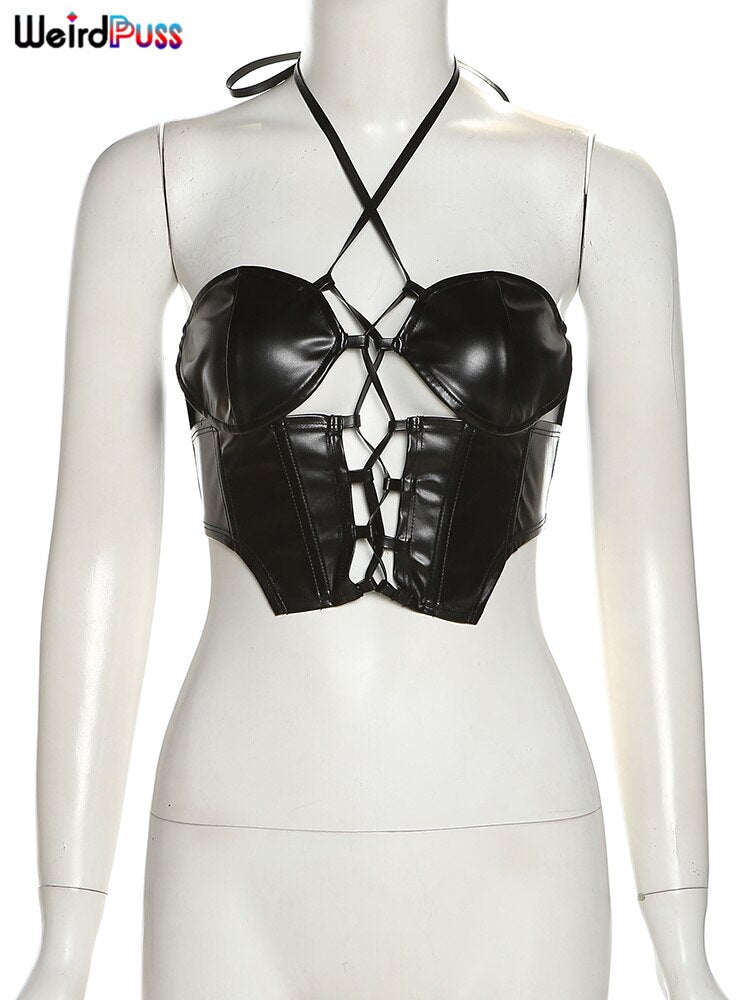 Weird Puss Shirring Women Leather Sexy Camisole Bandage Backless Summer Hollow Halter Vest Hot Girl Trend Party Wild Streetwear