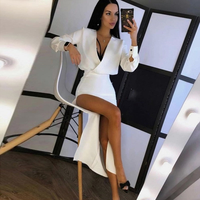 Elegant Long Sleeve White Bodycon Long Dress for Women Slit Sexy Party Evening Maxi Dresses 2021 Red Christmas Festival Clothing