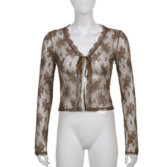 hirigin Women Sexy See Through Cardigans Y2K Long Sleeve Lace Mesh Lace Vintage Lace Up Crop Tops Streetwear Cardigans 2021