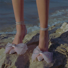 Glitter Rhinestones Pumps Crystal bowknot Satin Shoes Genuine leather High heels
