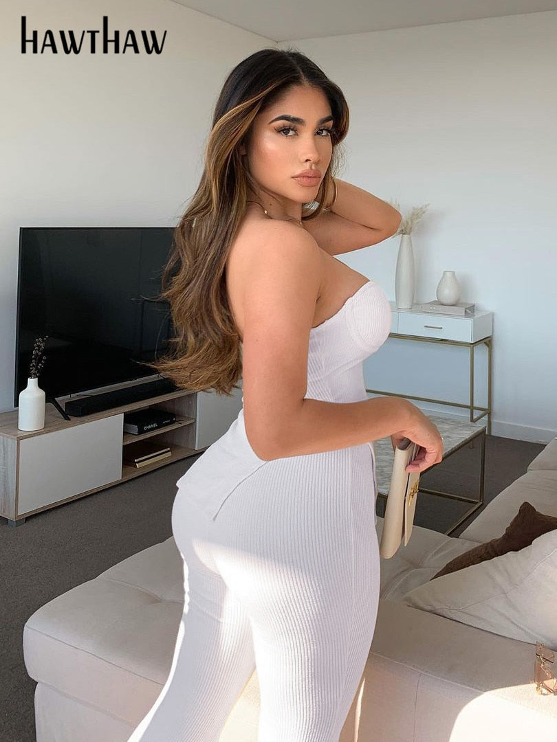 Hawthaw Women Fashion White Strapless Tube Tops Long Pants Two Piece Sets Suits Outfits 2022 Summer Clothes Wholesale Items