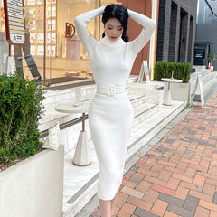 Bodycon Knitted Dress Bottoming Women Soft Elastic Turtleneck Sweater Dress With Belt