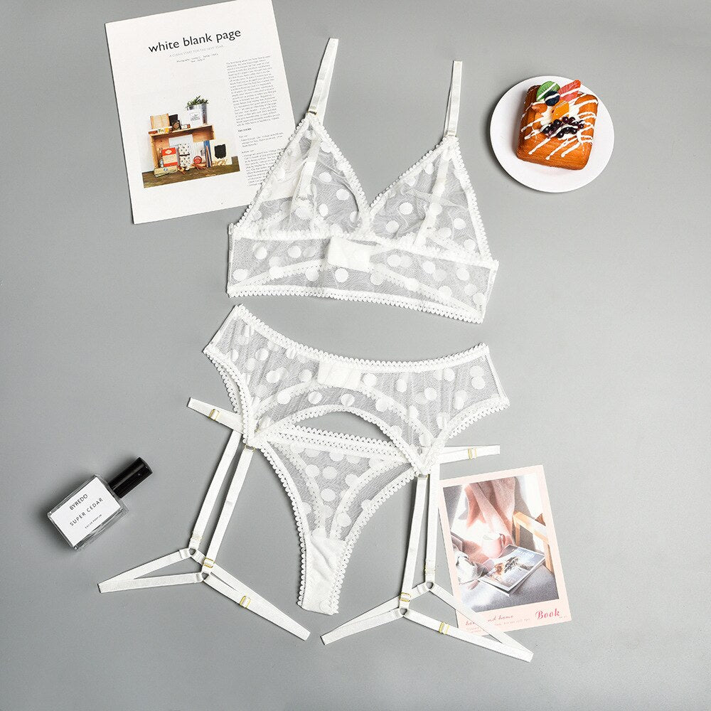 MIRABELLE Sensual Lingerie Polka Dot Erotic Costumes Transparent Lace Set Woman 3 Pieces Sexy Exotic Bra White Breves Sets