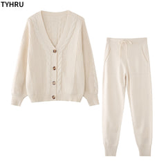 TYHRU Women Knitting 2-pieces sweater Suit Hemp Flower V-neck Single-Breasted cardigan + Pants lady winter sweater Set