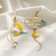 Chinese Style Folding Fan Crane Carp Lotus Asymmetrical Long Tassel Dangle National Style Earrings for Women Jewelry Gift