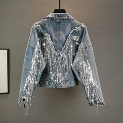 Jean Jacket Woman Fringed Sequined Denim Jacket 2020 Spring New Retro BF Loose Short Jeans Jacket Top Chaqueta Chaquetas Jackets
