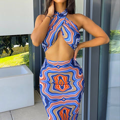 Chicology Women Summer 2021 2 Two Pieces Sets Sexy Tie Dye Print Top High Waist Bodycon Elegant Midi Skirts Wholesale Suits