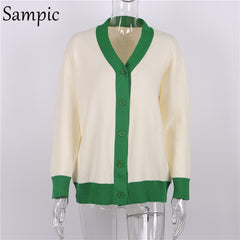 Sampic Loose Patchwork Knitwear Winter 2021 Women Cardigans Tops Oversized Long Sleeve Y2K V Neck Sweater Casual Fashion Tops