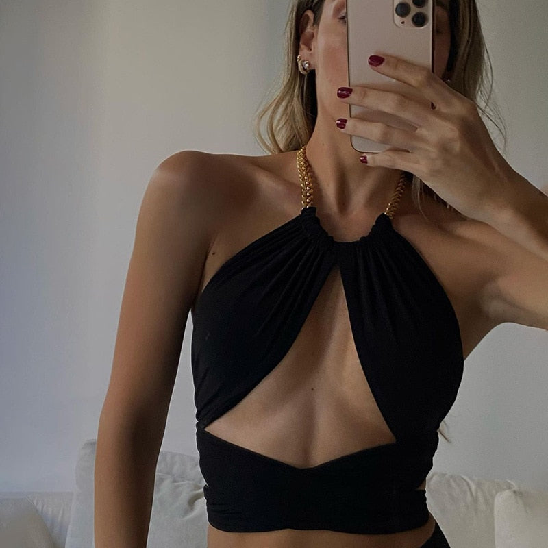 Bandage Sexy Chain Halter Crop Top