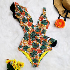 Ruffle Print One Piece Swimsuit Off The Shoulder Solid Deep-V Bathing Suit