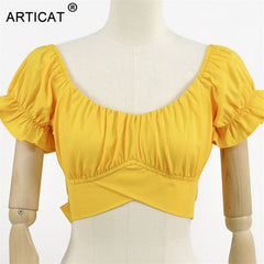 Articat Sexy Off Shoulder Backless Bow Tie Crop Tops Women V Neck Ruffles Sleeve Mini T Shirts Summer Street Tees Casual Beach