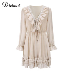 DICLOUD Sexy Lace Women&#39;s Party Dress Elegant Long Sleeve Ruffle Chiffon White Dress Summer V Neck Ladies Wedding Clothing 2021
