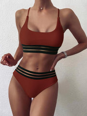 Webbing Patchwork Padded Bra High Waist Swimsuit