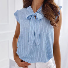 Women Summer Elegant Ruffles Sleeveless Polka Pot Lace Up Tie Bow Blouses and Shirts Casual Oversize Tops Sexy Pullover Tunic