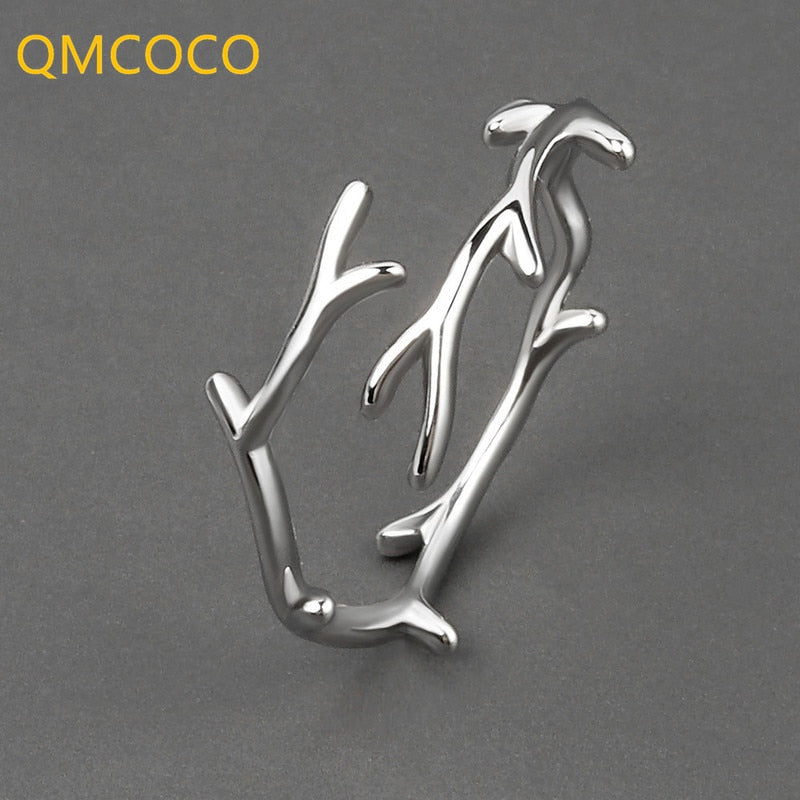 QMCOCO Simple Branch Leaf Thin Ring Silver Color Open Adjustable Ring For Women Girls Trendy Fashion Finger Jewelry Party Gifts Main image