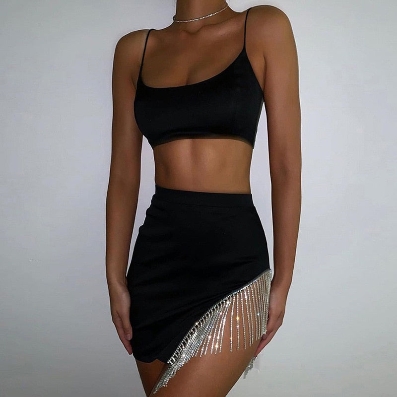 Women&#39;s Sexy 2 Pcs Party Clubwear Outfits Spaghetti Straps Crop Top Camis+ Sequin Diamond Tassel Skirt 2020 Summer Bodycon Sets