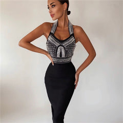 White Black Sexy Off Shoulder Sleeveless Beading Bandage Dress