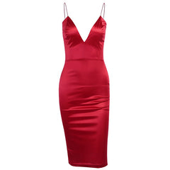 Artsu New Year Party Dress Red Satin Midi Dresses Solid 2020 Spring V-Neck Backless Dress Straps Zipper Slim Dress ASDR60689