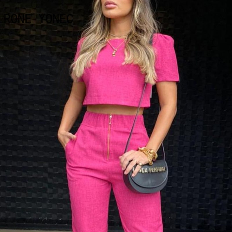 Ready for the day Puff Sleeve Crop Top Zip Front Pocket Design Pants Set