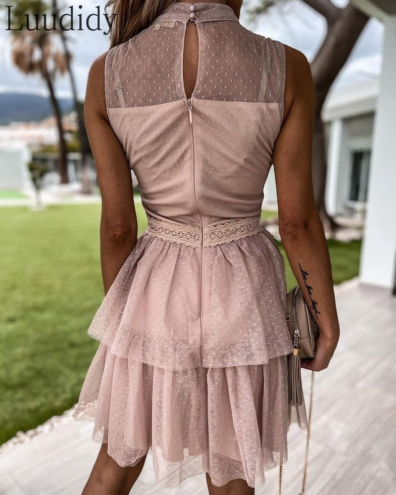 Women&#39;s Lace Dot Mesh Patchwork Dress Bowknot Collar Slim Waist Sleeveless A-Line Dresses