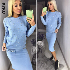 Women Two Piece Warm Set O-Neck Pearl Beading Knitted Pullover  Pencil Skirt Women Elegant 2 Piece Suits