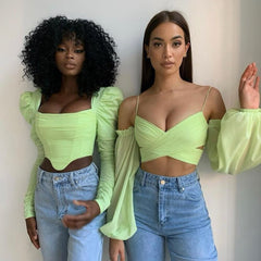 Darlingaga Fashion V Neck Off Shoulder Sexy Mesh Shirt Ladies Skinny Strap Wrap Cropped Tops Chic Summer Blouses Party Clothes