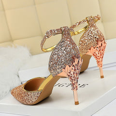 High Heels Sandals Scarpins Metal Heels Sandals Strap Stiletto Glitter Gold Pumps