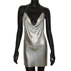 Backless Sequin Short Dress Metalic Split Mesh Low Cut Mini Dress