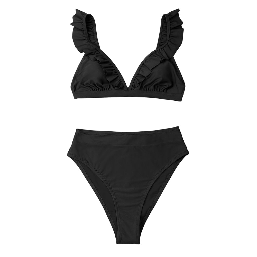 V-neck Ruffled High-waist Bikini Set