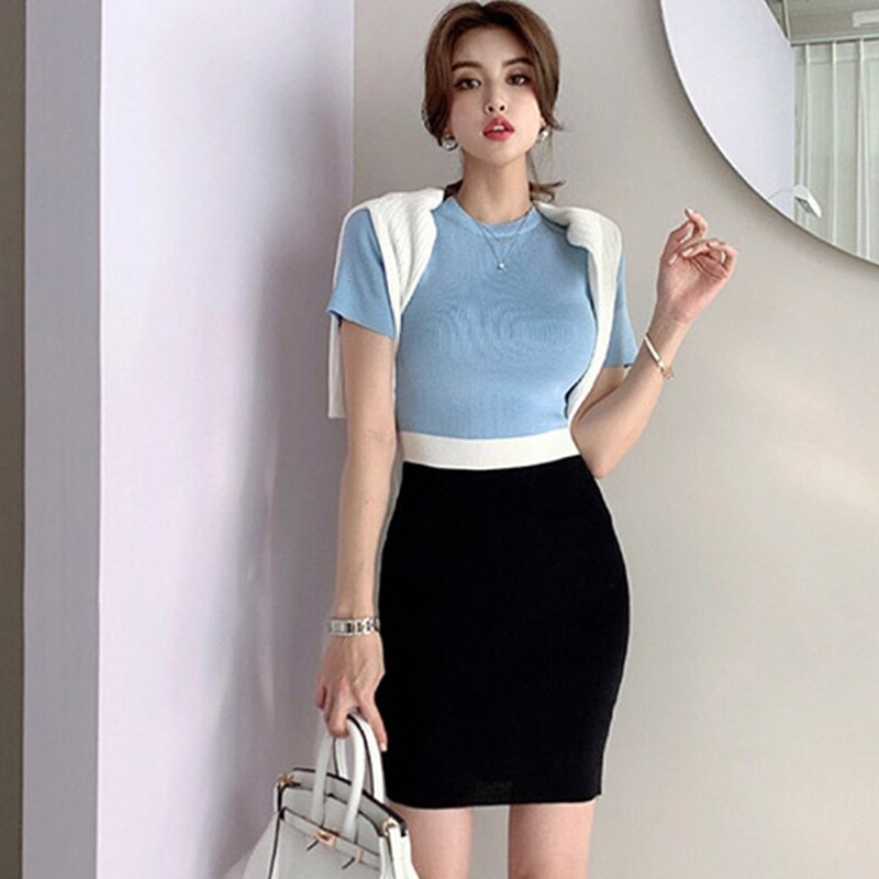 Han Queen O-neck Colorblock Elegant Pencil Dress