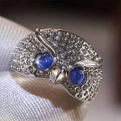 Cute Rhinestone Owl Ring Blue Eyes Simple Style Girl Woman Popular Ring Fashion Men Jewelry Gifts Adjustable